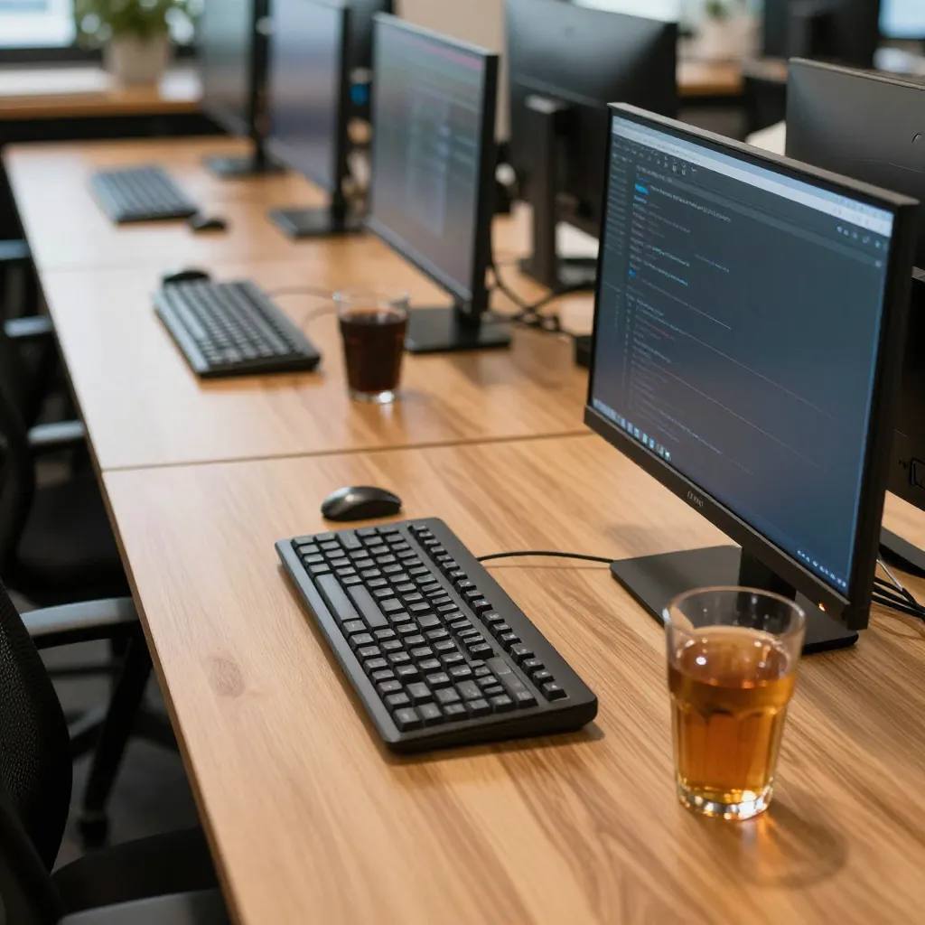 A tidy row of desk stations under blue accent light, monitors dark and waiting