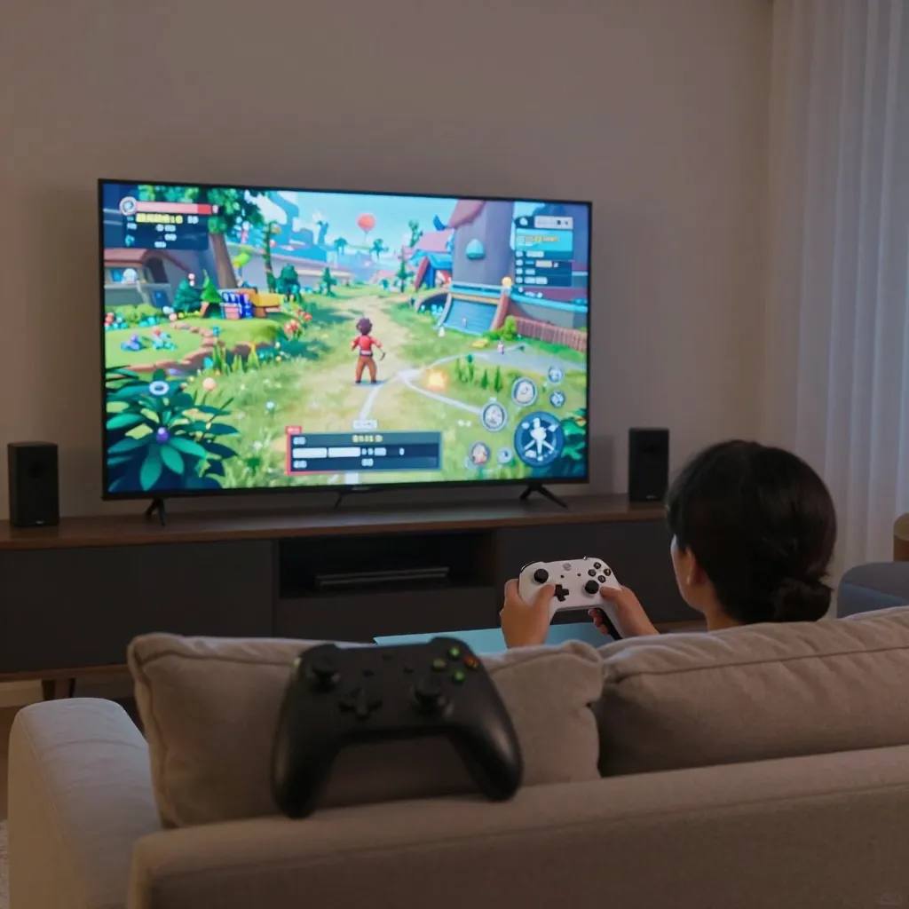 A large game screen on a wood-panelled wall facing a relaxed lounge seating area